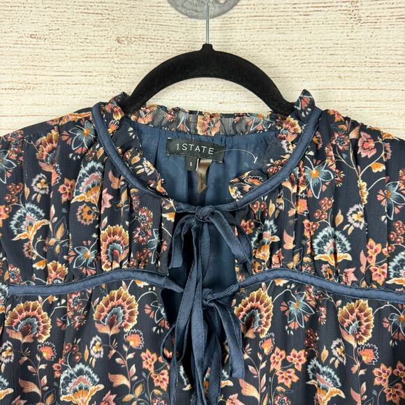 1.State Women's Navy Mauve Floral Printed Tie Blouse Size Large - Picture 4 of 7